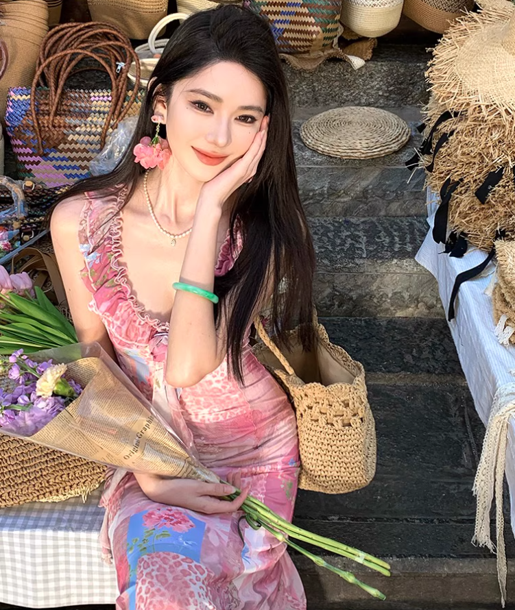 Floral print  Elegant Vacation Dress Ruffles Neck Strap Summer A-Line Long Dress AP0349