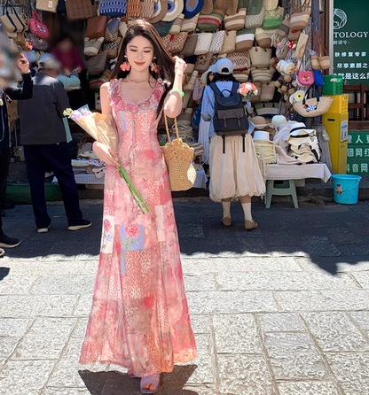Floral print  Elegant Vacation Dress Ruffles Neck Strap Summer A-Line Long Dress AP0349