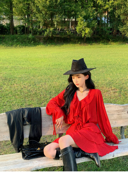 Slouchy Long Sleeve Waist-Cinching Dress Charming Ruffles Everyday Wear Flowy Short Dress AP0351