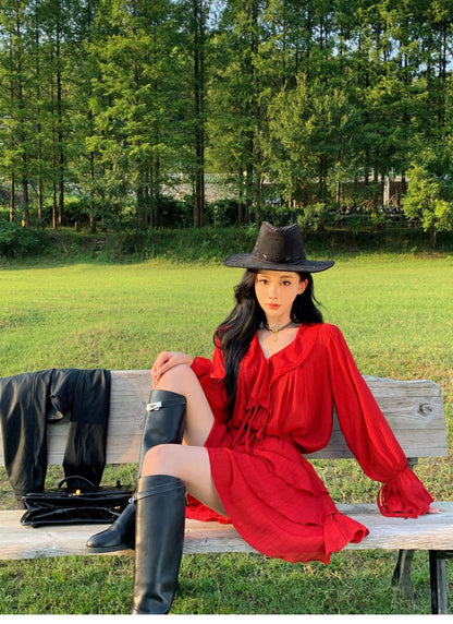 Slouchy Long Sleeve Waist-Cinching Dress Charming Ruffles Everyday Wear Flowy Short Dress AP0351