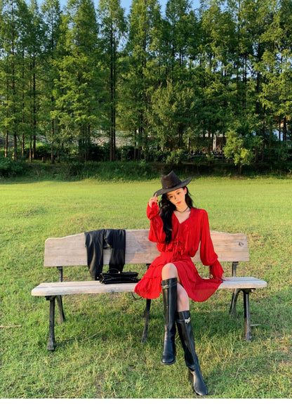 Slouchy Long Sleeve Waist-Cinching Dress Charming Ruffles Everyday Wear Flowy Short Dress AP0351