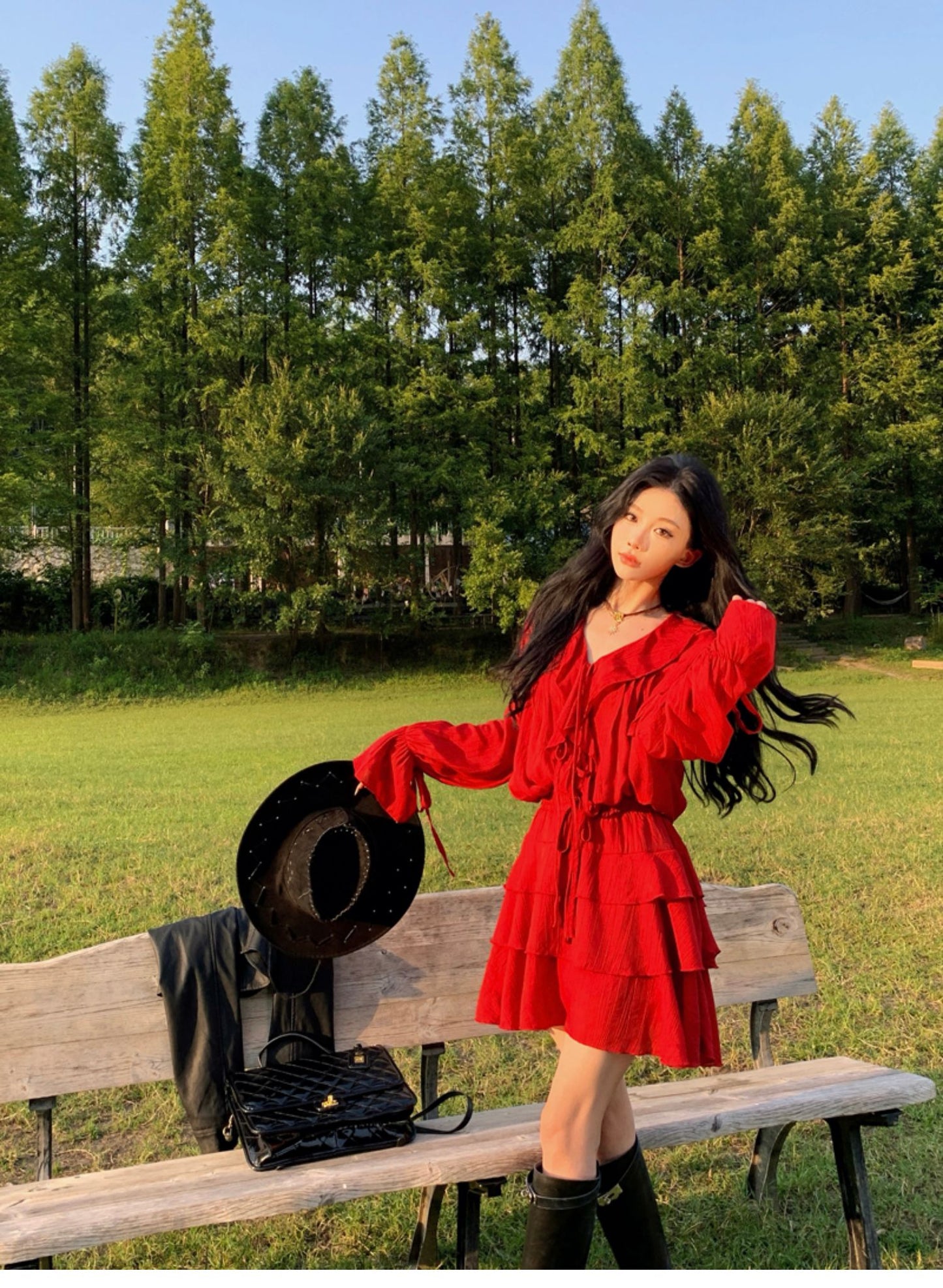 Slouchy Long Sleeve Waist-Cinching Dress Charming Ruffles Everyday Wear Flowy Short Dress AP0351