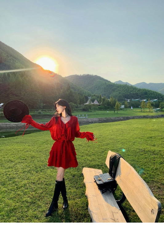 Slouchy Long Sleeve Waist-Cinching Dress Charming Ruffles Everyday Wear Flowy Short Dress AP0351