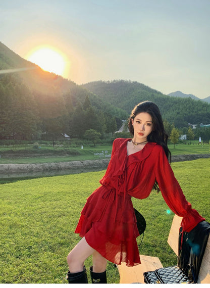 Slouchy Long Sleeve Waist-Cinching Dress Charming Ruffles Everyday Wear Flowy Short Dress AP0351