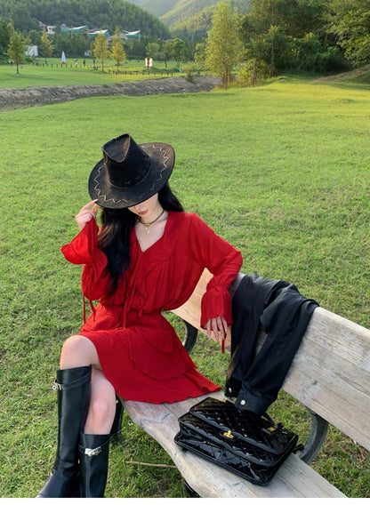 Slouchy Long Sleeve Waist-Cinching Dress Charming Ruffles Everyday Wear Flowy Short Dress AP0351