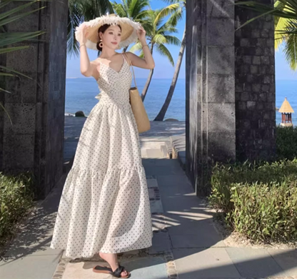 Summer Vacation Dot Print Loose Fit Flowy Dress Spaghetti Strap Long Dress AP0352