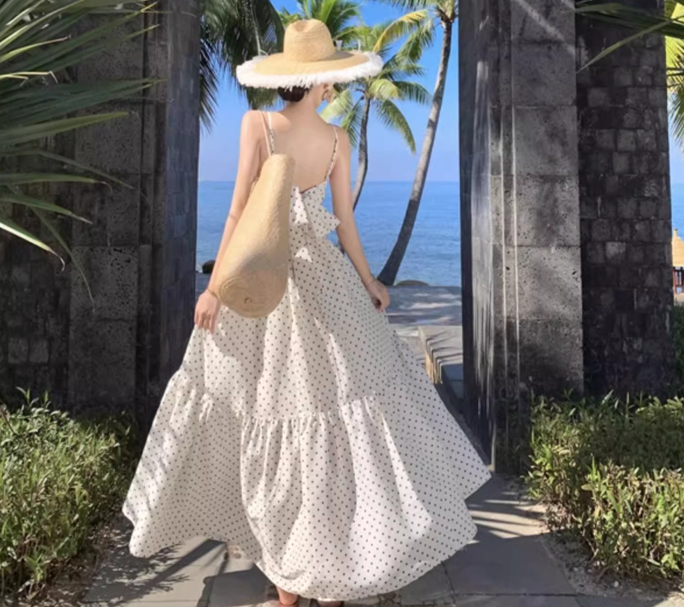 Summer Vacation Dot Print Loose Fit Flowy Dress Spaghetti Strap Long Dress AP0352