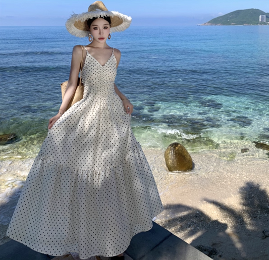 Summer Vacation Dot Print Loose Fit Flowy Dress Spaghetti Strap Long Dress AP0352