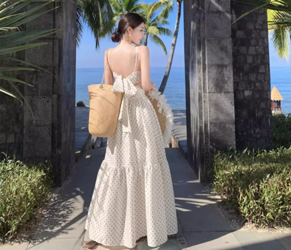 Summer Vacation Dot Print Loose Fit Flowy Dress Spaghetti Strap Long Dress AP0352