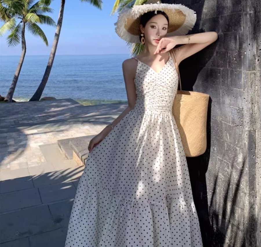 Summer Vacation Dot Print Loose Fit Flowy Dress Spaghetti Strap Long Dress AP0352