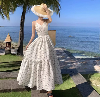 Summer Vacation Dot Print Loose Fit Flowy Dress Spaghetti Strap Long Dress AP0352