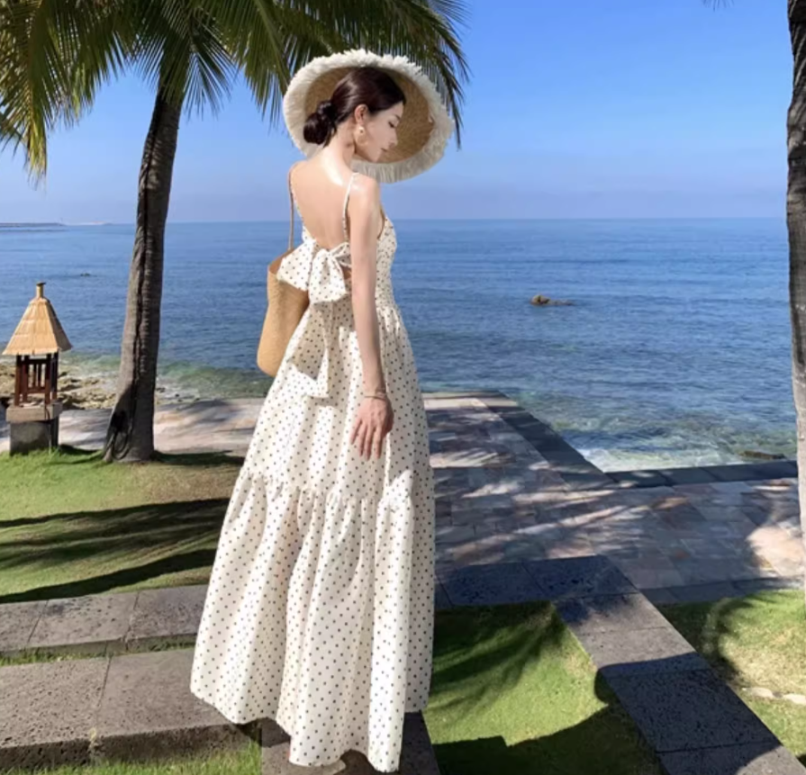 Summer Vacation Dot Print Loose Fit Flowy Dress Spaghetti Strap Long Dress AP0352