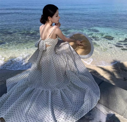 Summer Vacation Dot Print Loose Fit Flowy Dress Spaghetti Strap Long Dress AP0352