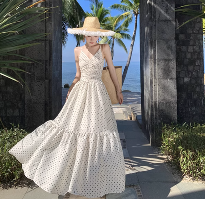 Summer Vacation Dot Print Loose Fit Flowy Dress Spaghetti Strap Long Dress AP0352