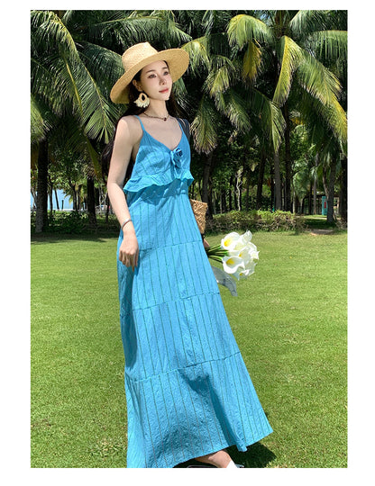 Romantic Loose Fit Flowy Dress Spaghetti Strap Summer Vacation Long Dress AP0353