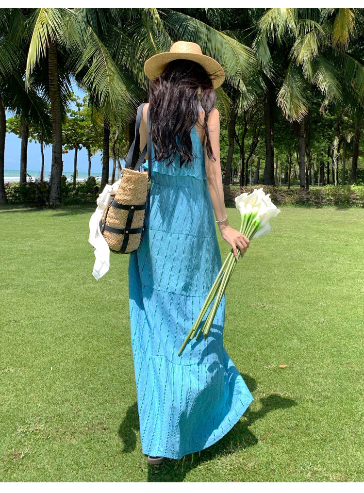 Romantic Loose Fit Flowy Dress Spaghetti Strap Summer Vacation Long Dress AP0353