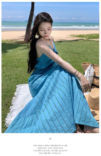 Romantic Loose Fit Flowy Dress Spaghetti Strap Summer Vacation Long Dress AP0353