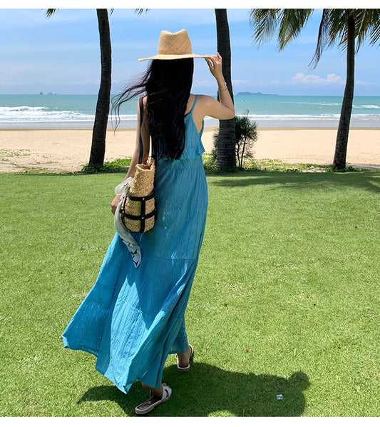 Romantic Loose Fit Flowy Dress Spaghetti Strap Summer Vacation Long Dress AP0353