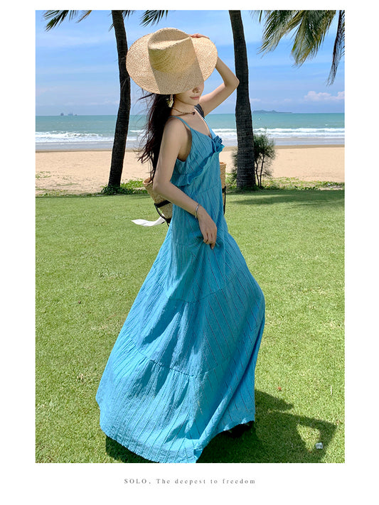 Romantic Loose Fit Flowy Dress Spaghetti Strap Summer Vacation Long Dress AP0353