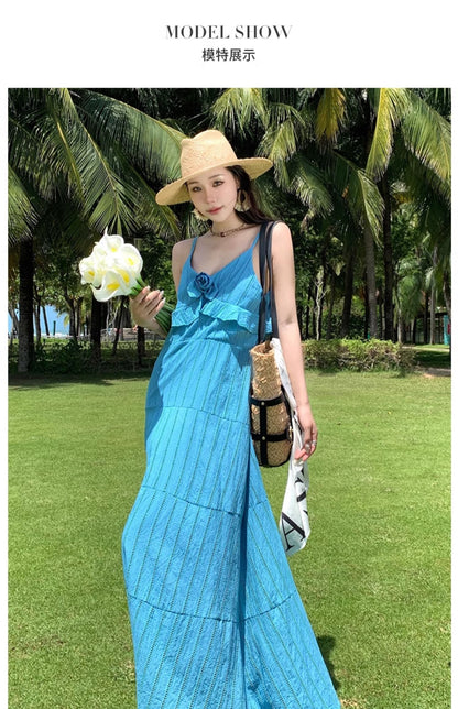 Romantic Loose Fit Flowy Dress Spaghetti Strap Summer Vacation Long Dress AP0353