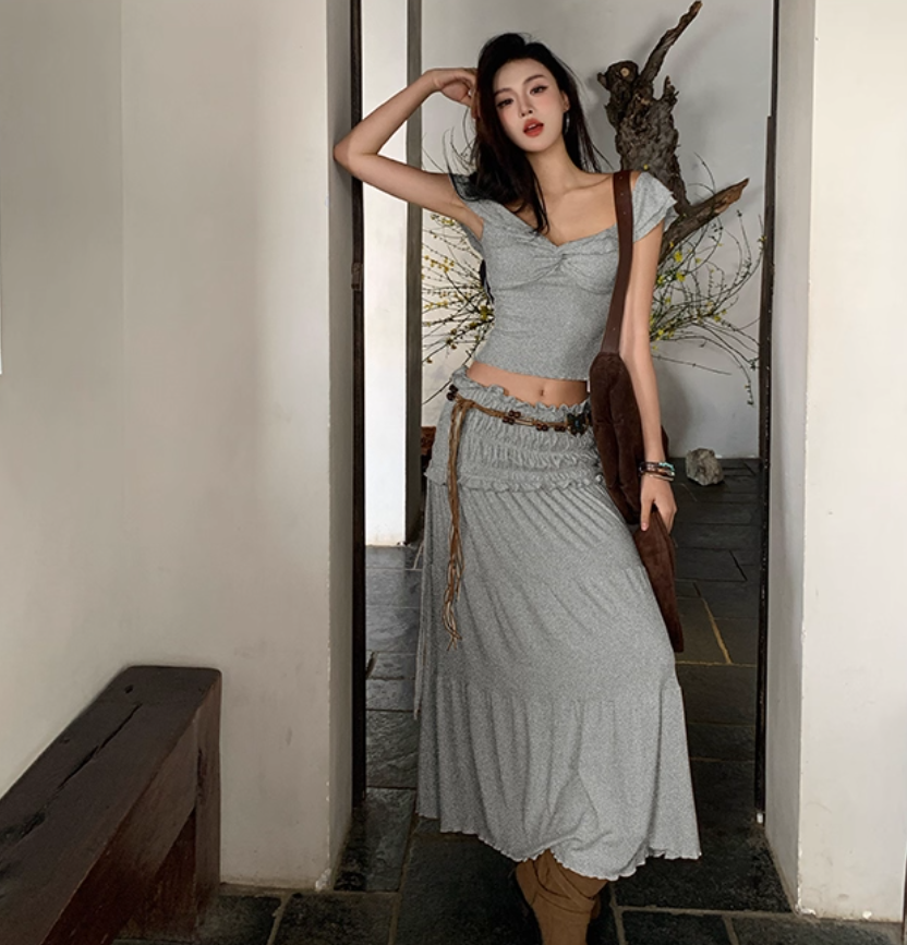 Hot Girl Open Waist Two Piece Set Dress Off-Shoulder Suit Party Outfit Long Dress AP0354