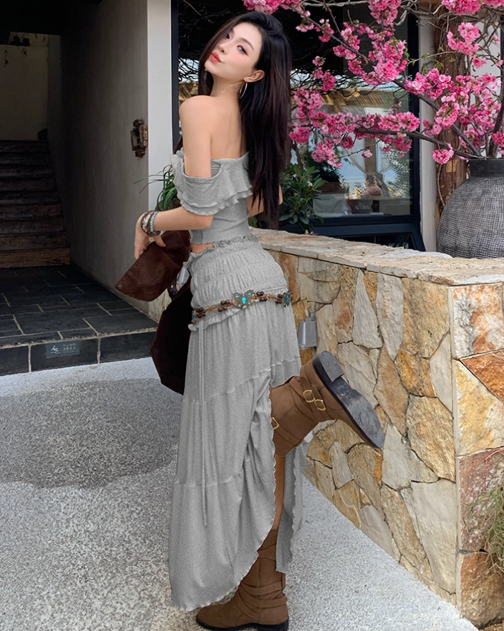 Hot Girl Open Waist Two Piece Set Dress Off-Shoulder Suit Party Outfit Long Dress AP0354