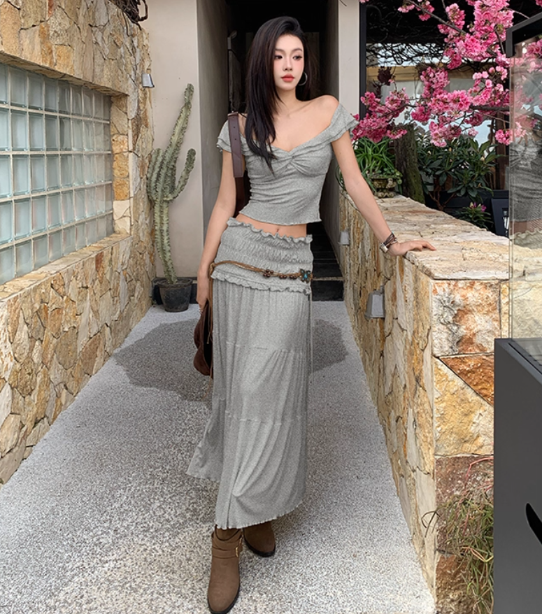 Hot Girl Open Waist Two Piece Set Dress Off-Shoulder Suit Party Outfit Long Dress AP0354