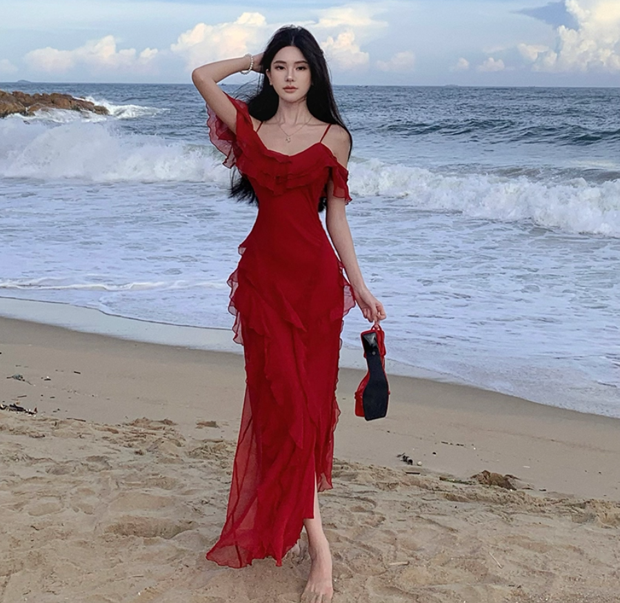 Elegant Ruffles Dress Off-Shoulder Spaghetti Strap Dress Flowy Slouchy Long Dress AP0355