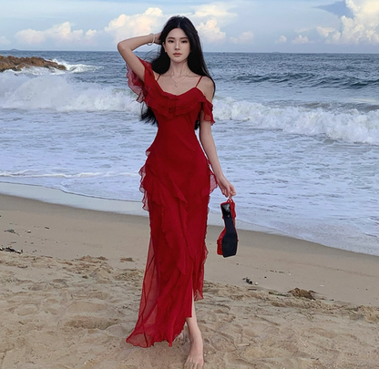 Elegant Ruffles Dress Off-Shoulder Spaghetti Strap Dress Flowy Slouchy Long Dress AP0355