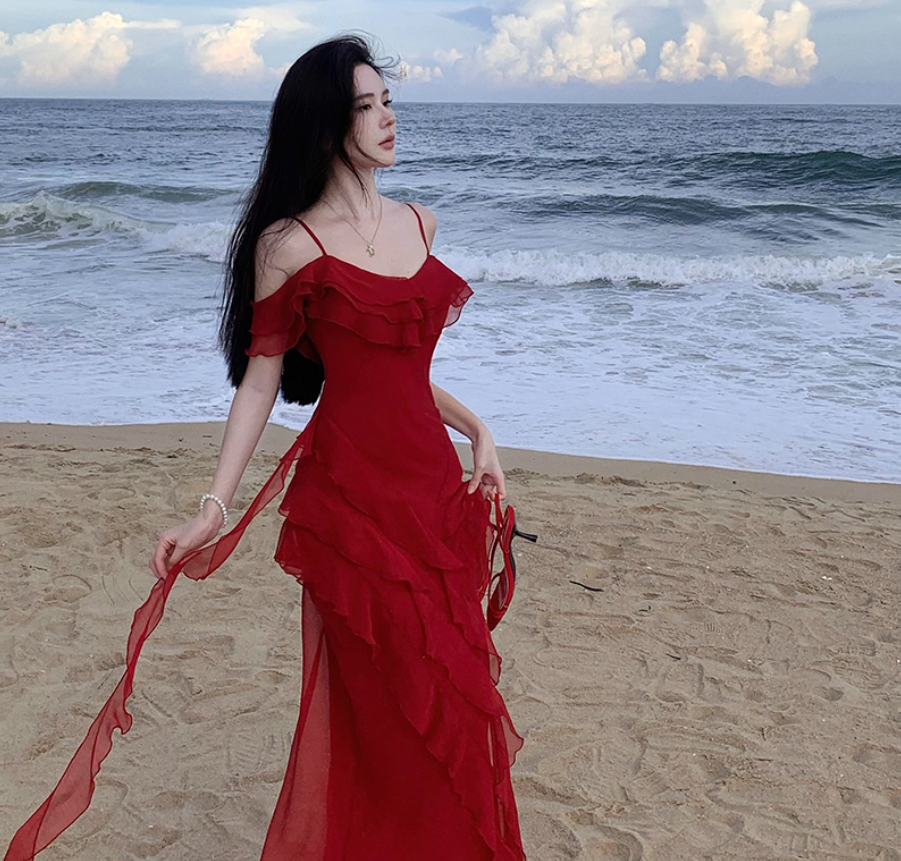 Elegant Ruffles Dress Off-Shoulder Spaghetti Strap Dress Flowy Slouchy Long Dress AP0355