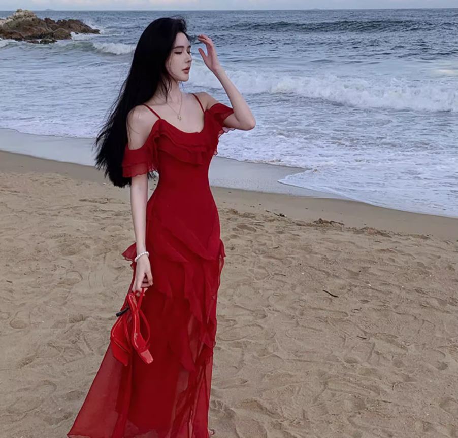 Elegant Ruffles Dress Off-Shoulder Spaghetti Strap Dress Flowy Slouchy Long Dress AP0355