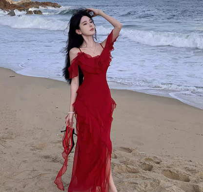 Elegant Ruffles Dress Off-Shoulder Spaghetti Strap Dress Flowy Slouchy Long Dress AP0355