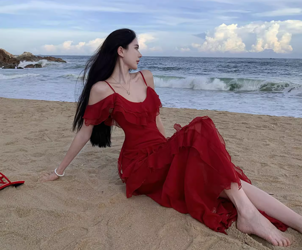 Elegant Ruffles Dress Off-Shoulder Spaghetti Strap Dress Flowy Slouchy Long Dress AP0355