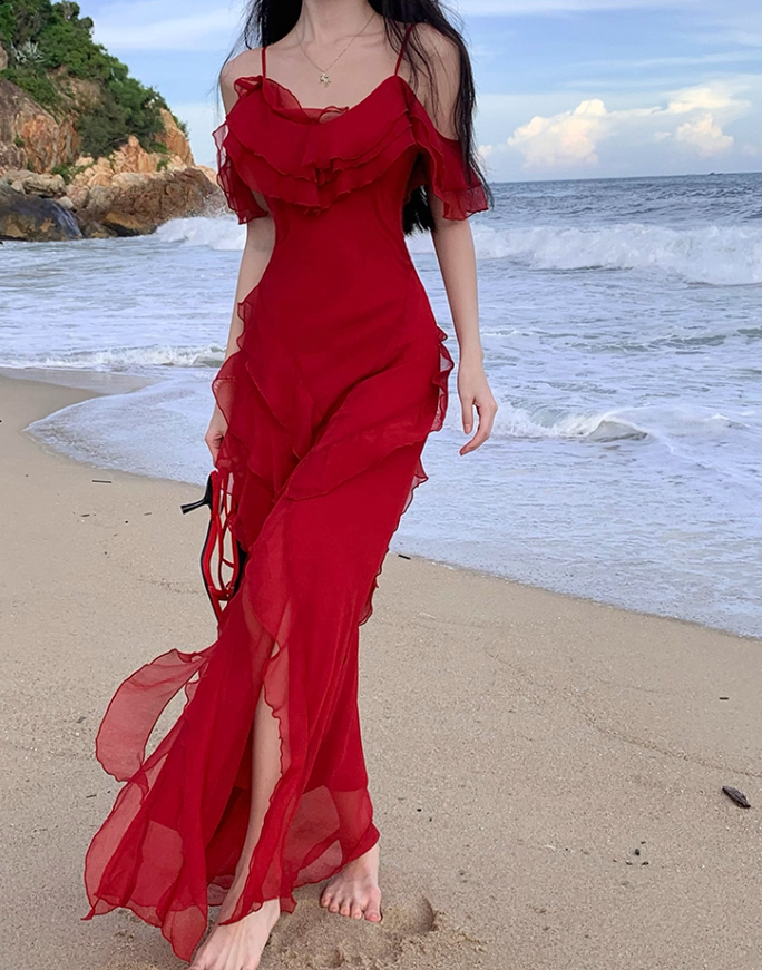 Elegant Ruffles Dress Off-Shoulder Spaghetti Strap Dress Flowy Slouchy Long Dress AP0355