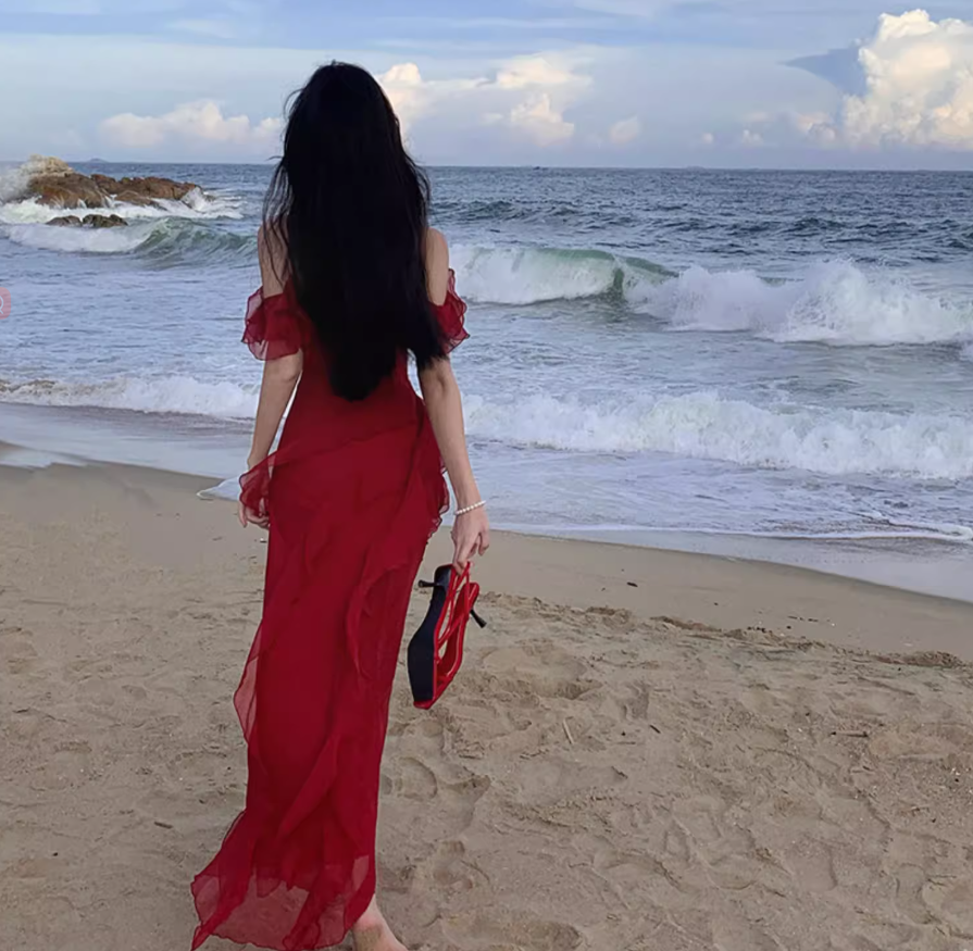 Elegant Ruffles Dress Off-Shoulder Spaghetti Strap Dress Flowy Slouchy Long Dress AP0355