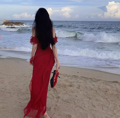 Elegant Ruffles Dress Off-Shoulder Spaghetti Strap Dress Flowy Slouchy Long Dress AP0355