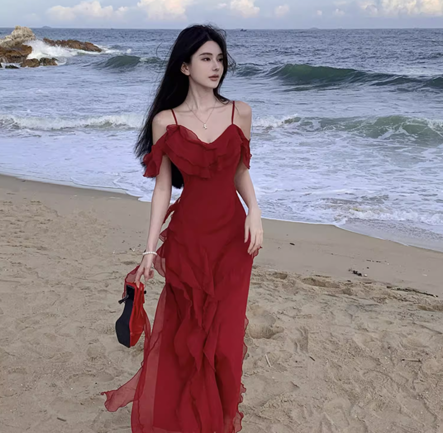 Elegant Ruffles Dress Off-Shoulder Spaghetti Strap Dress Flowy Slouchy Long Dress AP0355