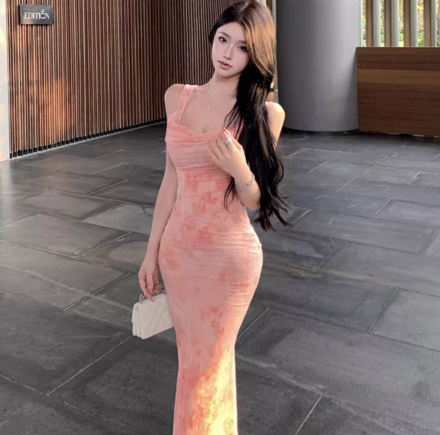 Floral Print Summer Vacation Flattering Bodycon Mermaid Dress Spaghetti Strap Party Long Dress AP0356