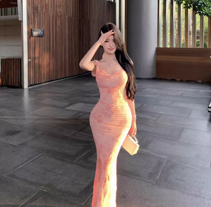 Floral Print Summer Vacation Flattering Bodycon Mermaid Dress Spaghetti Strap Party Long Dress AP0356