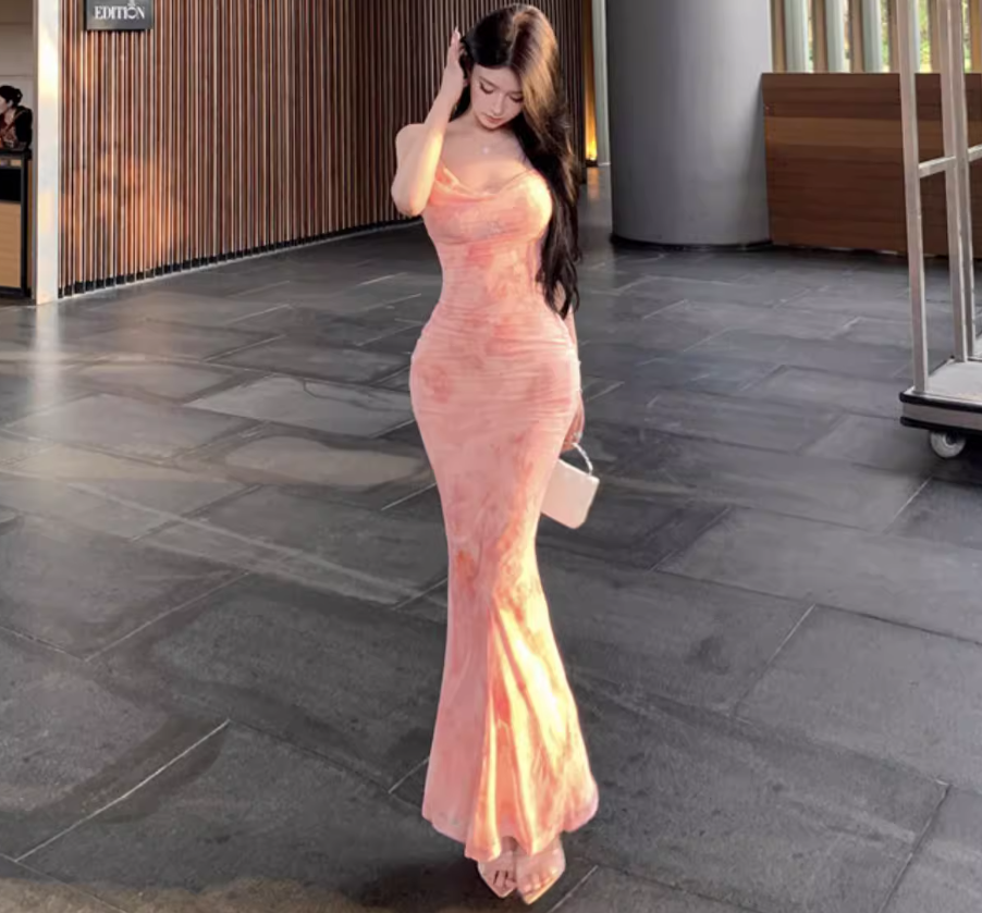 Floral Print Summer Vacation Flattering Bodycon Mermaid Dress Spaghetti Strap Party Long Dress AP0356