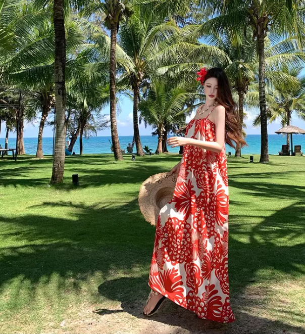 Loose Fit Flowy Floral Print Dress Spaghetti Strap Romantic Summer Long Dress AP0357