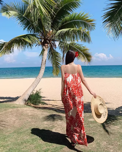 Loose Fit Flowy Floral Print Dress Spaghetti Strap Romantic Summer Long Dress AP0357