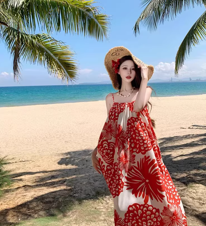 Loose Fit Flowy Floral Print Dress Spaghetti Strap Romantic Summer Long Dress AP0357
