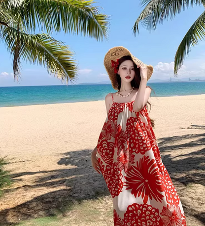 Loose Fit Flowy Floral Print Dress Spaghetti Strap Romantic Summer Long Dress AP0357