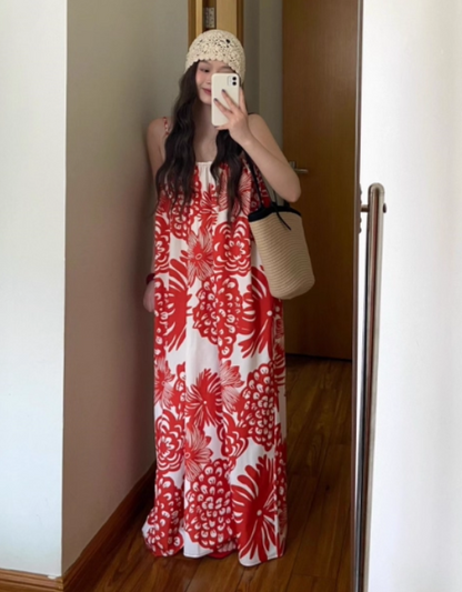 Loose Fit Flowy Floral Print Dress Spaghetti Strap Romantic Summer Long Dress AP0357
