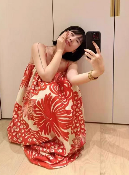 Loose Fit Flowy Floral Print Dress Spaghetti Strap Romantic Summer Long Dress AP0357