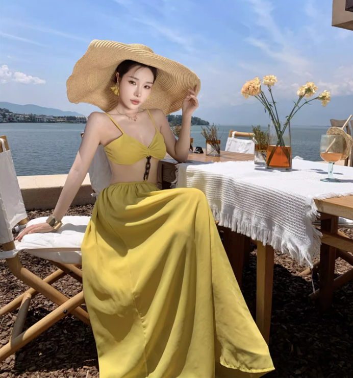 Travel Faux 2-Piece Dress with Open Waist Summer Party Outfit Spaghetti Strap Long Dress AP0358