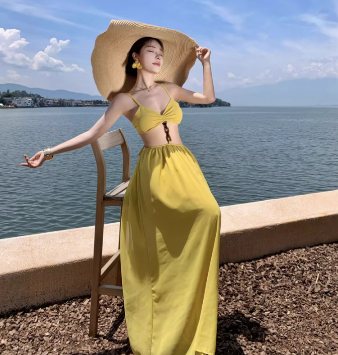 Travel Faux 2-Piece Dress with Open Waist Summer Party Outfit Spaghetti Strap Long Dress AP0358