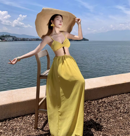 Travel Faux 2-Piece Dress with Open Waist Summer Party Outfit Spaghetti Strap Long Dress AP0358