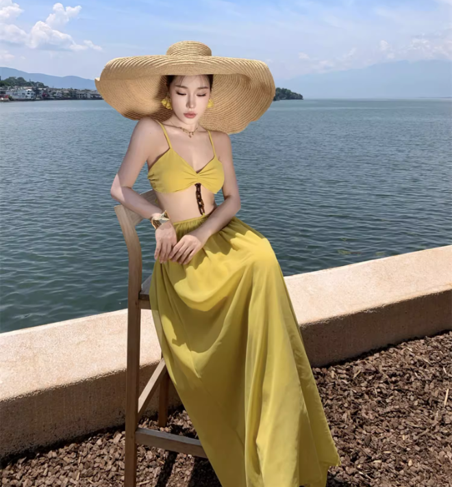 Travel Faux 2-Piece Dress with Open Waist Summer Party Outfit Spaghetti Strap Long Dress AP0358